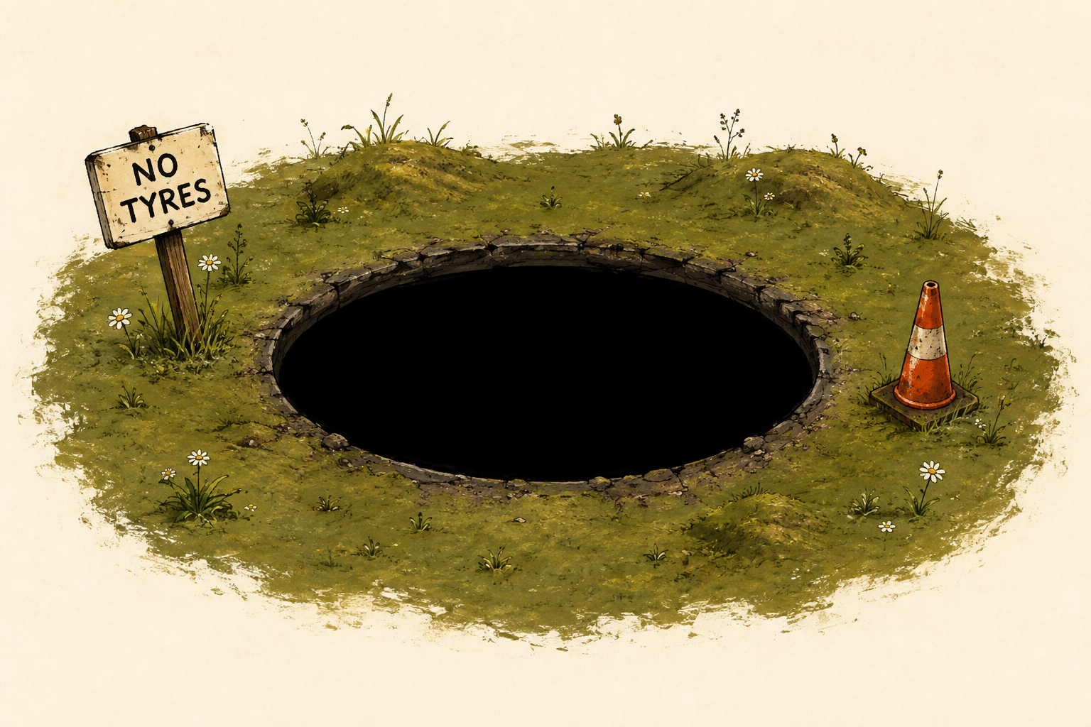 An enormous black pit in a scruffy patch of grass, beside a traffic cone and a No Tyres sign.